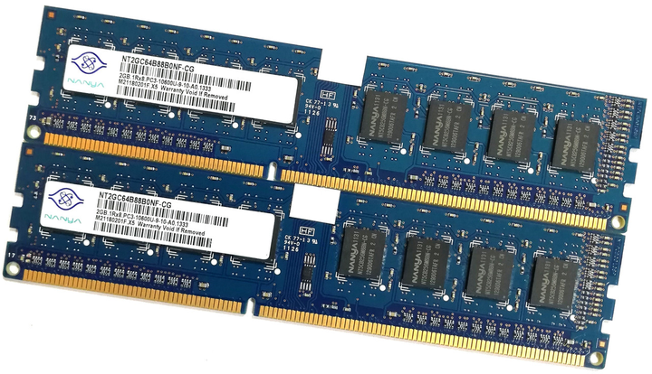 Пара оперативної пам'яті Nanya DDR3 4Gb (2Gb+2Gb) 1333MHz PC3 10600U 1R8 CL9 (NT2GC64B88B0NF-CG) Б/У - зображення 1