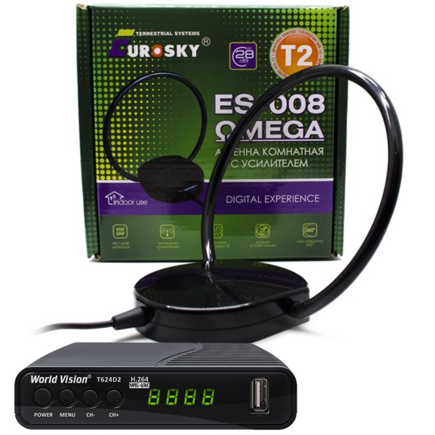 Комплект: Ресивер WORLD VISION T624D2/Т624Д2 + Антенна ES-008 с ...