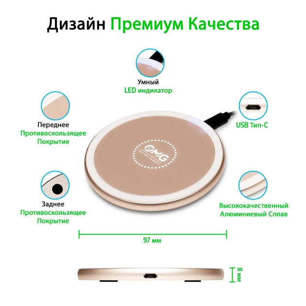 Бездротове зарядний пристрій OMG Qi Fast Wireless Charging Pad Gold - зображення 2