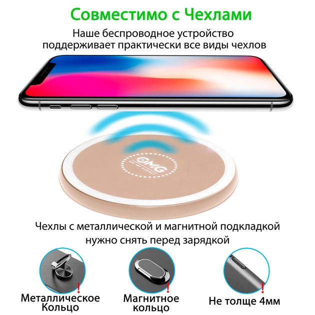 Бездротове зарядний пристрій OMG Qi Fast Wireless Charging Pad Gold - зображення 6