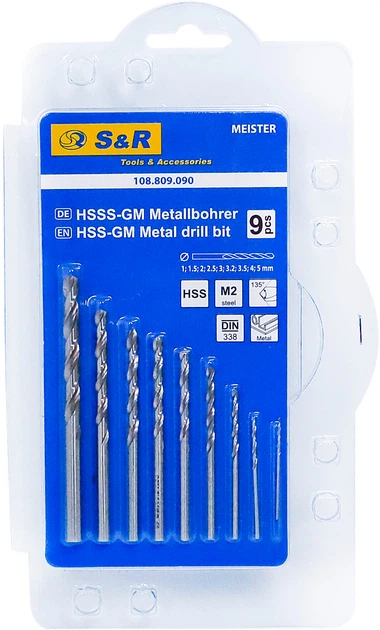 Набір свердел для металу S&R Meister 9 шт. 1.0, 1.5, 2.0, 2.5, 3.0, 3.2, 3.5, 4.0, 5.0 мм (108809090) - зображення 2