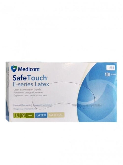Одноразові рукавички латексні припудрені нестерильні Medicom SafeTouch E-series Latex 100 шт в упаковці Розмір L Білі - зображення 1