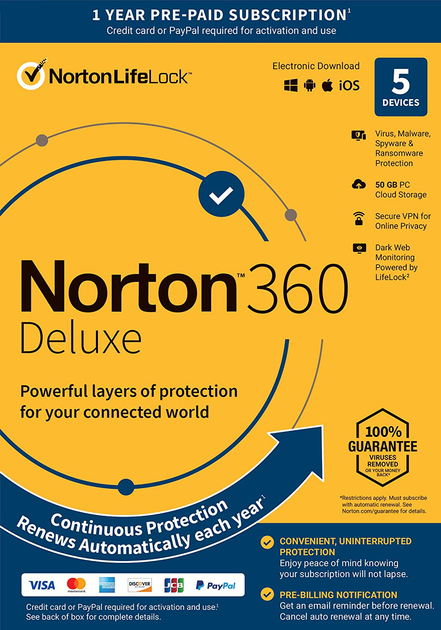 Антивирус Norton 360 Deluxe 50GB для 5 ПК на 1 год ESD-электронный ключ ...
