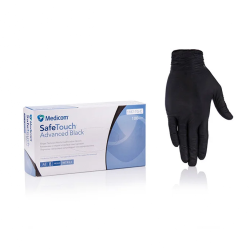 Одноразові рукавички нітрилові Медіком 100 шт в упаковці Розмір S Чорні. Щільнсть 3,3 г. - зображення 1