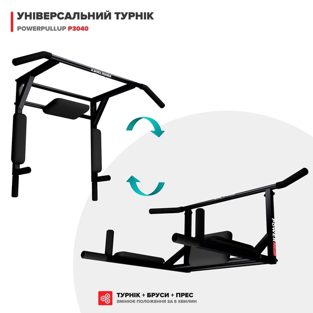 Турнік бруси на стіну PowerPullUp 3в1 c упором для преса чорний - зображення 2