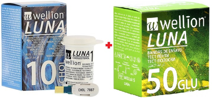 Набор! Тест-полоски на глюкозу Wellion Luna GLU №50 + Тест-полоски на холестерин Wellion Luna Chol №10 - изображение 1