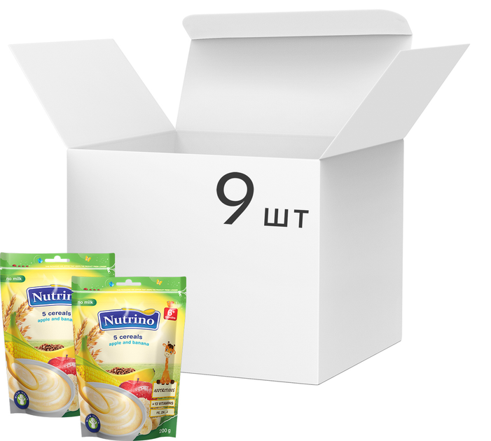 Упаковка безмолочної каші Nutrino 5 злаків з яблуком і бананом з 6 місяців 200 г х 9 шт. (8606019657604) - зображення 1