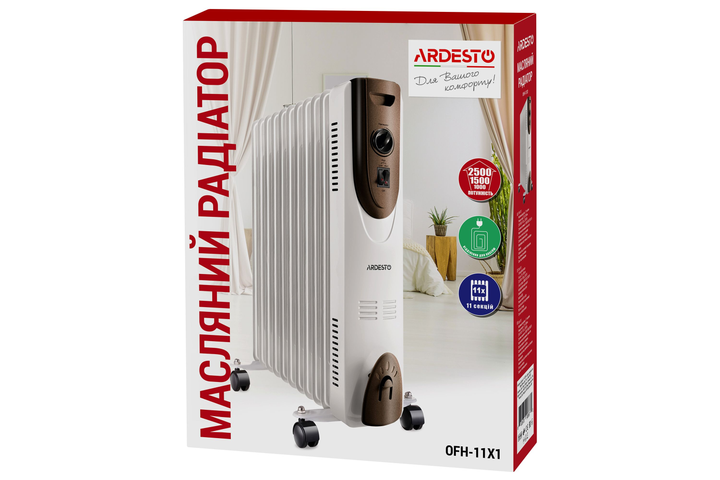 Масляный обогреватель радиатор 11 секций ARDESTO OFH-11X1 2500Вт 3 уровня терморегулятор батарея 25м защита от перегрева опрокидывания - изображение 10