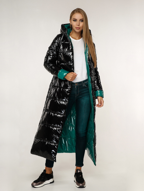 Куртка зимняя длинная женская Favoritti ПВ-1202-Лак 44 Черная с зеленым ...