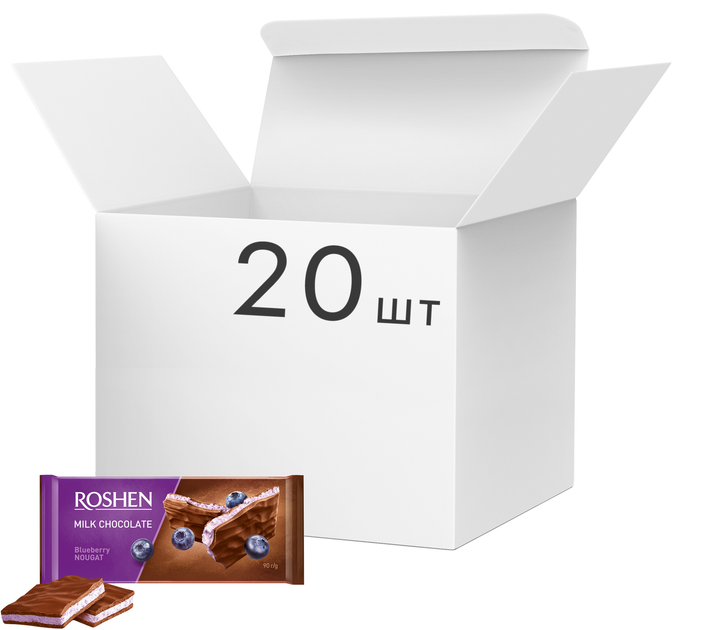 Упаковка шоколада Roshen Молочный с черничной нугой 90 г х 20 шт  (4823077617515)