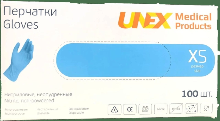 Рукавички нітрилові Unex XS 100шт Сині - зображення 1