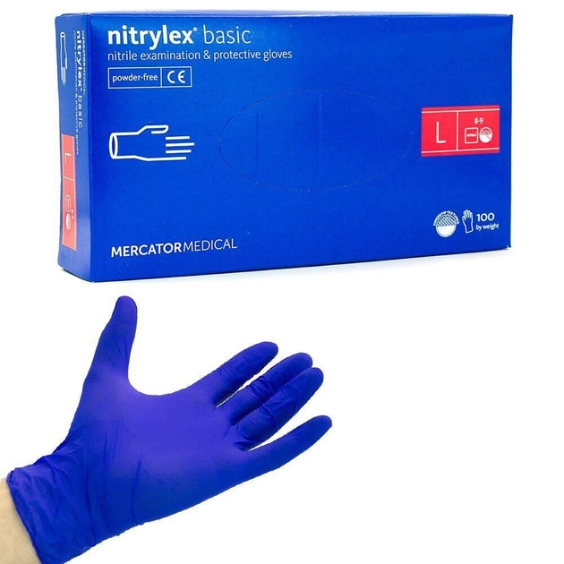 Рукавички нитриловие Nitrylex basic L 100 штук Сині (Nitrilex1) - зображення 1
