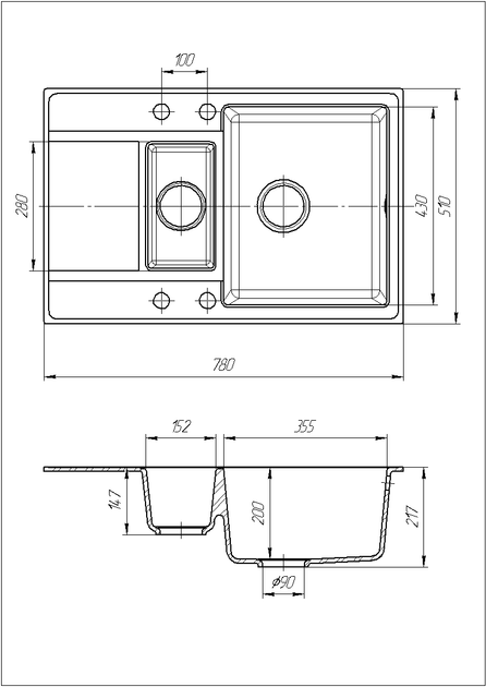 Кухонная мойка каменная Практик серый Solid. Гранитная из искусственного камня раковина на 2 слива в кухню - изображение 5