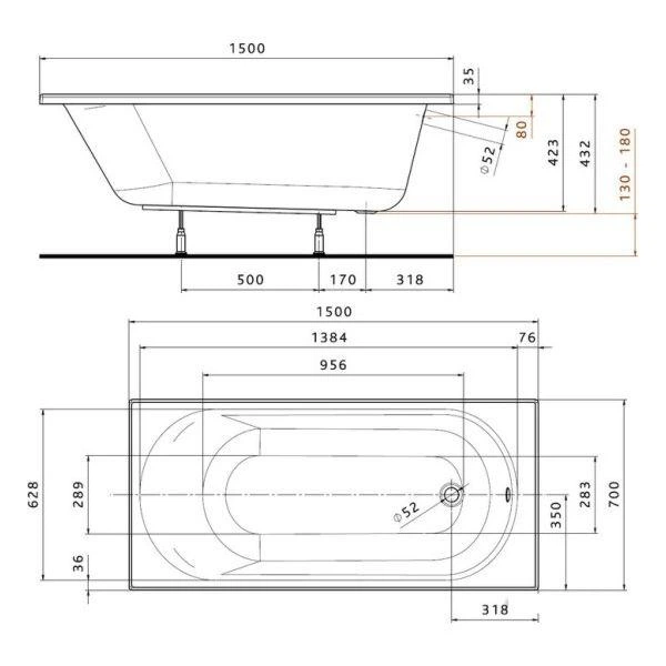 OPAL PLUS ванна 150*70см прямоугольная, без ножек - изображение 2