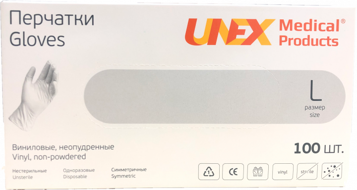 Перчатки Виниловые Неопудренные UNEX Бесцветные L (100 шт) - изображение 1