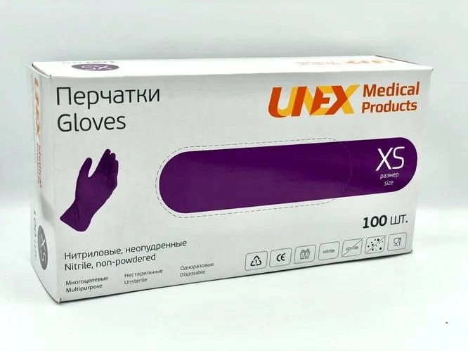 Перчатки Нитриловые Неопудренные UNEX Сиреневые XS (100 шт) - изображение 1
