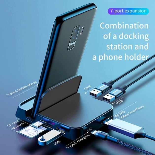 Док-Станція підставка BASEUS Mate Docking Type-C Mobile Phone Intelligent HUB Docking Station для телефону планшета Samsung / Xiaomi / Huawei 7in1 (CAHUB-AT01) - Фото 4 Док-Станція підставка BASEUS Mate Docking Type-C Mobile Phone Intelligent HUB Docking Station для телефону планшета Samsung / Xiaomi / Huawei 7in1 (CAHUB-AT01) - зображення 4