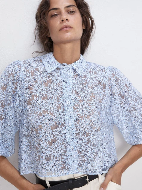 Блузка женская Zara 4437/252/400-AENR S Белая с голубым
