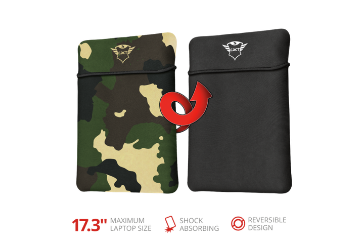 Двосторонній чохол для ноутбука Trust GXT 1244C Lido 17.3” Laptop Sleeve - black/jungle camo (23246) - Фото 1 Двосторонній чохол для ноутбука Trust GXT 1244C Lido 17.3” Laptop Sleeve - black/jungle camo (23246) - изображение 1