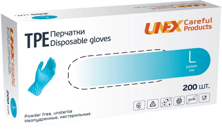 Перчатки TPE Unex Medical Products неопудренные нестерильные размер L 200 шт. — 100 пар Голубые (77-47-1) - изображение 1