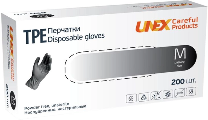 Перчатки одноразовые нестерильные, неопудренные TPE Unex Medical Products размер M 200 шт. — 100 пар Чорные (77-50-1) - изображение 1