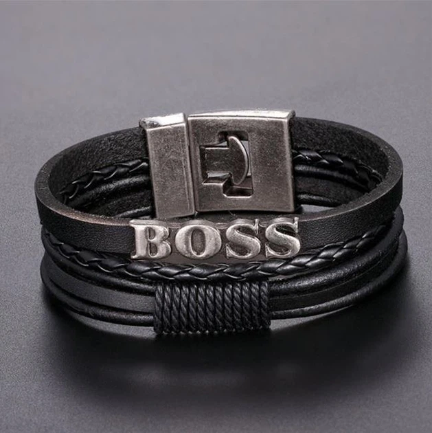 Шкіряний чоловічий браслет Бос Boss Yuwi Feya багатошаровий плетений чорний - зображення 4