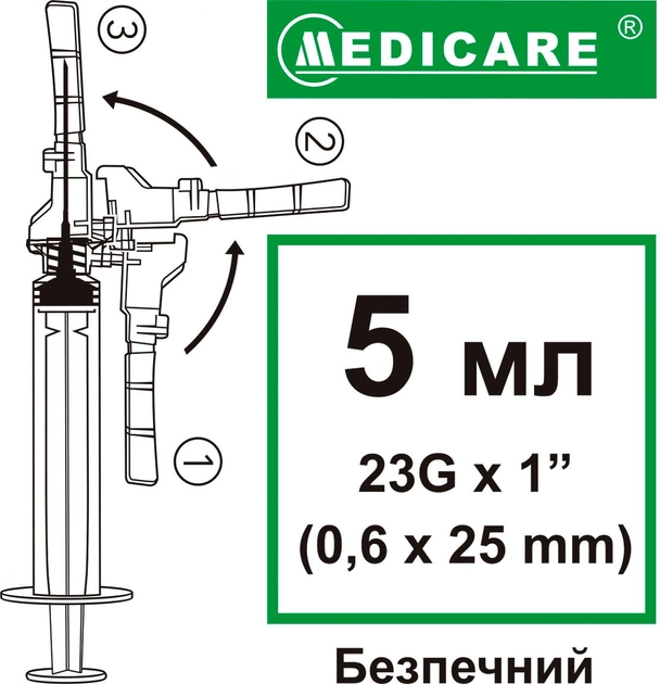 Шприц ін'єкційний одноразового використання Medicare Безпечний №100 5 мл 100 шт. (4820118179407) - зображення 2