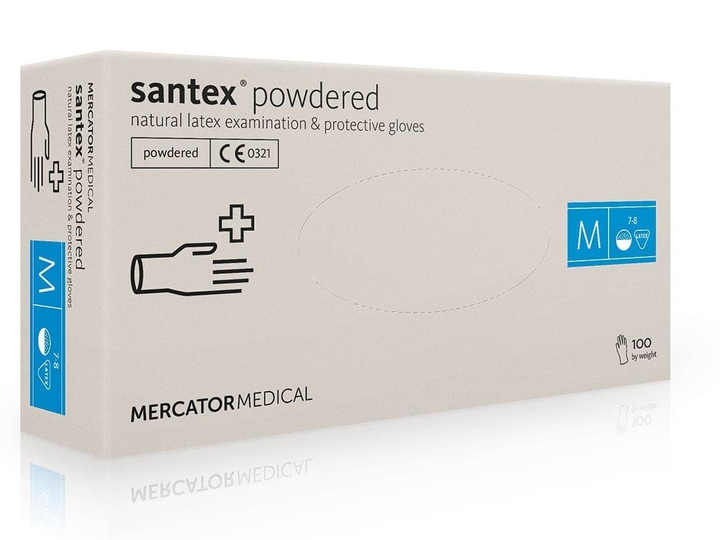 Рукавички латексні (M) Mercator Medical Santex Powdered (17201600) 100 шт 50 пар (10уп/ящ) - зображення 1