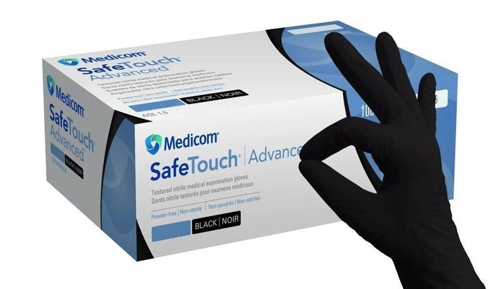 Перчатки черные нитриловые, не стерильные лучшего качества Medicom Safe Touch Black 100 шт/уп S - изображение 1