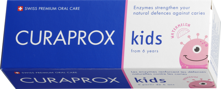 Зубная паста детская ферментная Curaprox CS Kids с ароматным вкусом сладкого арбуза 1450 ppm F 60 мл (7612412429640/7612412429480) - изображение 1