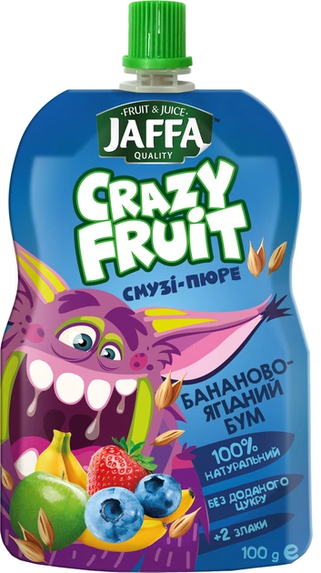 Упаковка смузі Jaffa Crazy Fruit Фруктовий десерт Смузі-пюре з бананів, яблук, чорниці та суниці перетертих зі злаками бананово-ягідний бум 100 г х 16 шт. (4820192262019_4820192261982) - Фото 2 Упаковка смузі Jaffa Crazy Fruit Фруктовий десерт Смузі-пюре з бананів, яблук, чорниці та суниці перетертих зі злаками бананово-ягідний бум 100 г х 16 шт. (4820192262019_4820192261982) - зображення 2