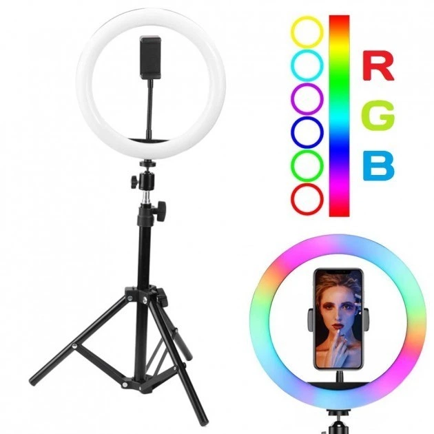 Светодиодная Кольцевая LED лампа с штативом и пультом для селфи RGB Mj38 38см - изображение 6