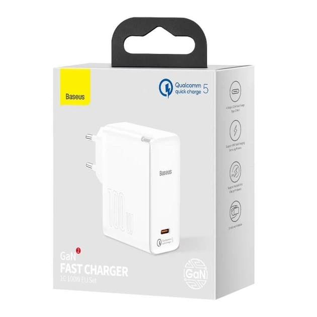 Блок питания Baseus GaN2 100W Quick Charge 5.0 |1xType-C, QC/PD, 5A| + кабель USB-C 100W для MacBook/Huawei/Samsung/Asus/Google/Lenovo white - Фото 4 Блок питания Baseus GaN2 100W Quick Charge 5.0 |1xType-C, QC/PD, 5A| + кабель USB-C 100W для MacBook/Huawei/Samsung/Asus/Google/Lenovo white - изображение 4
