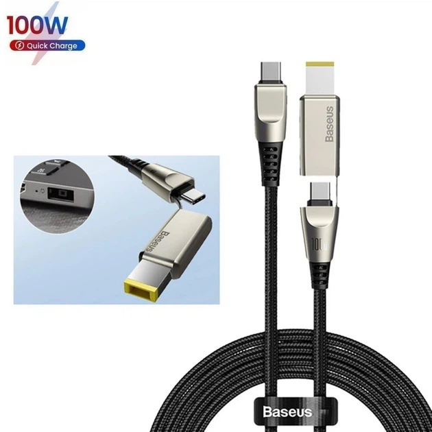Кабель Baseus Combo Type-C to Type-C+DC Flash Series One-for-two Fast Charging Square Head 2m, 100W, 5A - Фото 1 Кабель Baseus Combo Type-C to Type-C+DC Flash Series One-for-two Fast Charging Square Head 2m, 100W, 5A - изображение 1