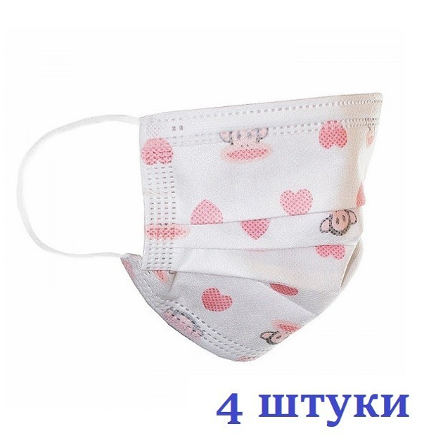 Маски медицинские НЗМ трехслойные не стерильные Обезьянка и Сердечки с мельтблауном Украина высокое качество 4 шт - изображение 1