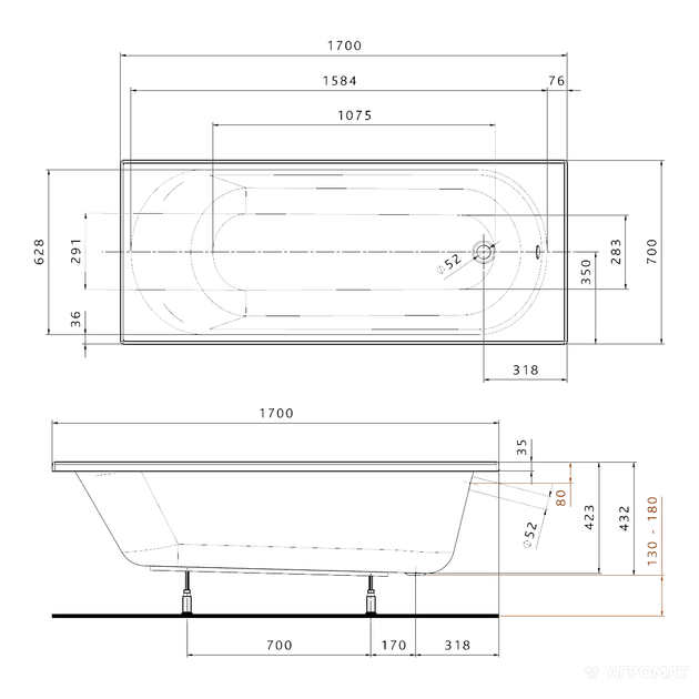 XWP137000N OPAL PLUS Ванна акрилова прямокутна 170х70 см, біла, без ніжок - Фото 2 XWP137000N OPAL PLUS Ванна акрилова прямокутна 170х70 см, біла, без ніжок - изображение 2