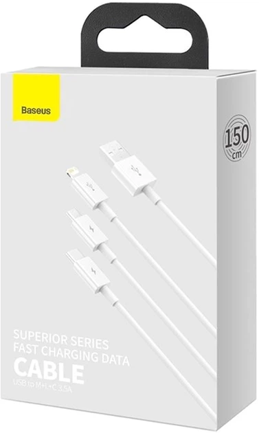 Kabel Baseus Superior Series USB do M+L+C 3.5A 1.5 m Biały (CAMLTYS-02) - obraz 2
