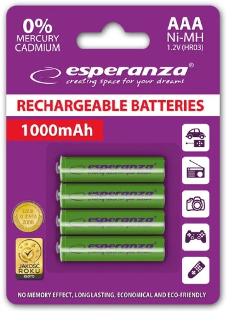 Akumulatorki Esperanza Ni-MH AAA 1000 mAh 4 szt. (EZA102G) - obraz 2