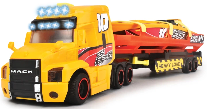 Вантажівка Мак Dickie Toys "Перевезення катера" з причепом, зі звуком та світловими ефектами 41 см (203747009) - Фото 3 Вантажівка Мак Dickie Toys "Перевезення катера" з причепом, зі звуком та світловими ефектами 41 см (203747009) - зображення 3