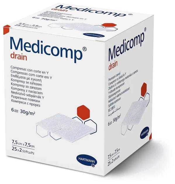 Салфетки из нетканого материала с надрезом Medicomp drain 7,5см x 7,5см 2шт - изображение 1
