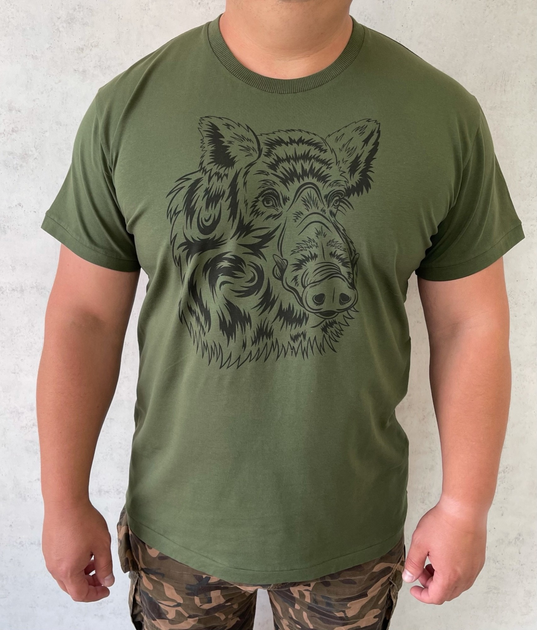Чоловіча футболка для мисливців принт Морда кабана XXL темний хакі - зображення 1