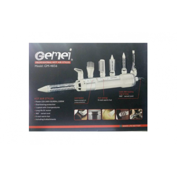 Фен-щітка повітряний стайлер для волосся 7 в 1 Gemei GM-4836, з кераміки і ABS пластику біло-рожевий - зображення 6