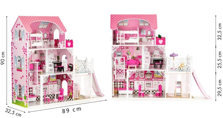 Drewniany domek dla lalek Ecotoys XXL z windą tarasem i zjeżdżalnią (TL49059) (5903089069966) - obraz 6