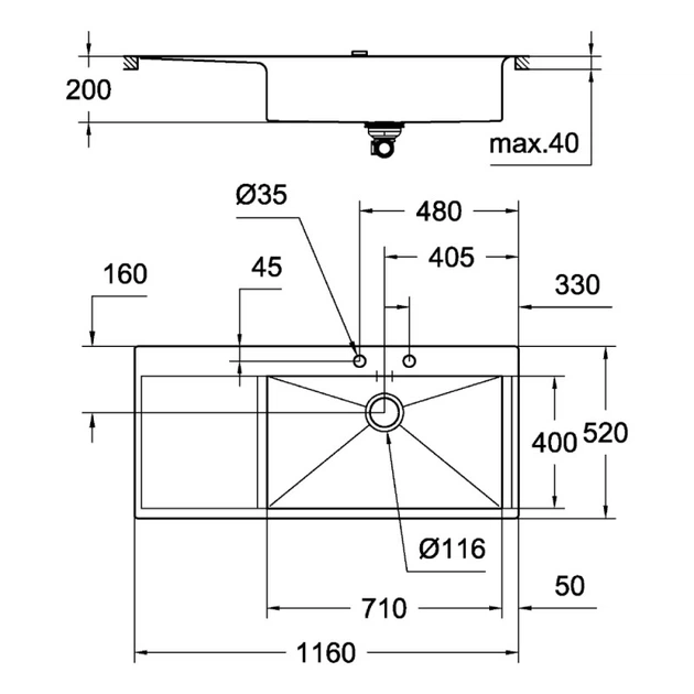 GROHE Мийка для кухні 1160 x 520 мм, 1 чаша, матова, в рівень зі стільницею (31582SD0) - изображение 2