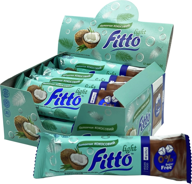 Акция на Упаковка батончиків кокосових Fitto Light у шоколадній глазурі 40 г х 12 шт. от Rozetka