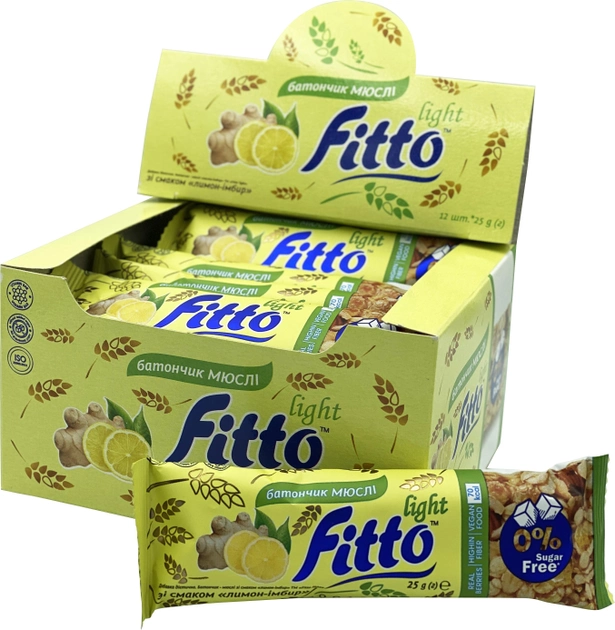 Упаковка батончиков-мюсли Fitto Light Лимон-имбирь 25 г х 12 шт (4820182784828) - изображение 1