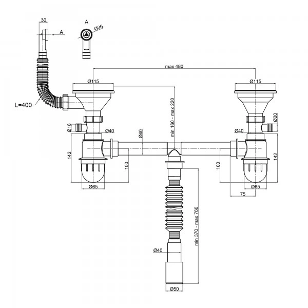 Сифон двойной для кухонной мойки Lidz (GRA) 47 01 003 11 с круглым ...
