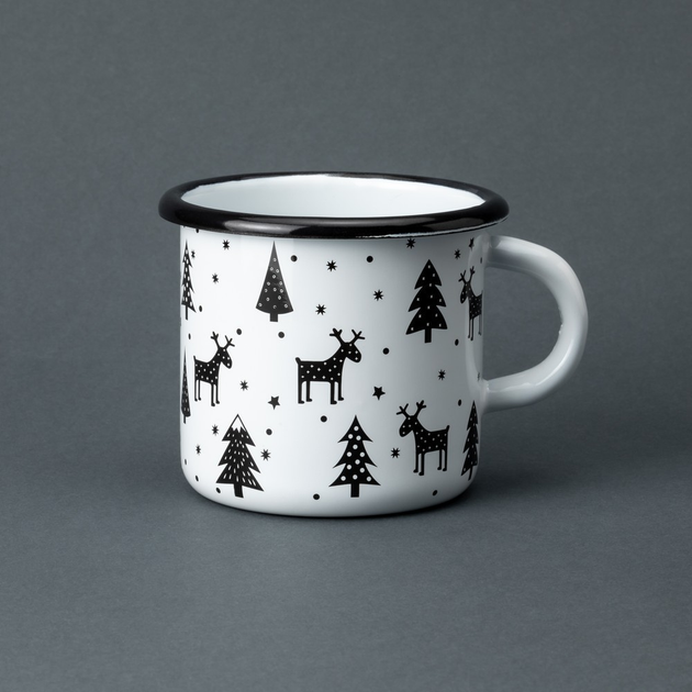 Кружка эмалированная Enamel mug с принтом Новогодние олени белая 400 мл ...