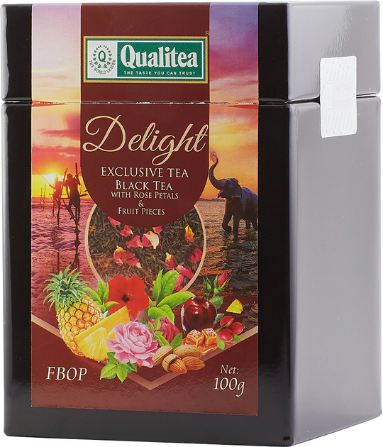 Акція на Чорний чай Qualitea Delight середньолистовий з пелюстками троянди, шматочками фруктів та ароматом мигдалю 100 г від Rozetka