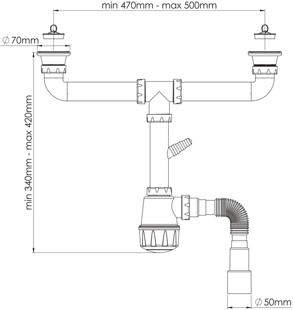 Сифон для кухонной мойки с 2-мя чашами NOVA 1162N выпуск 70 мм c ...
